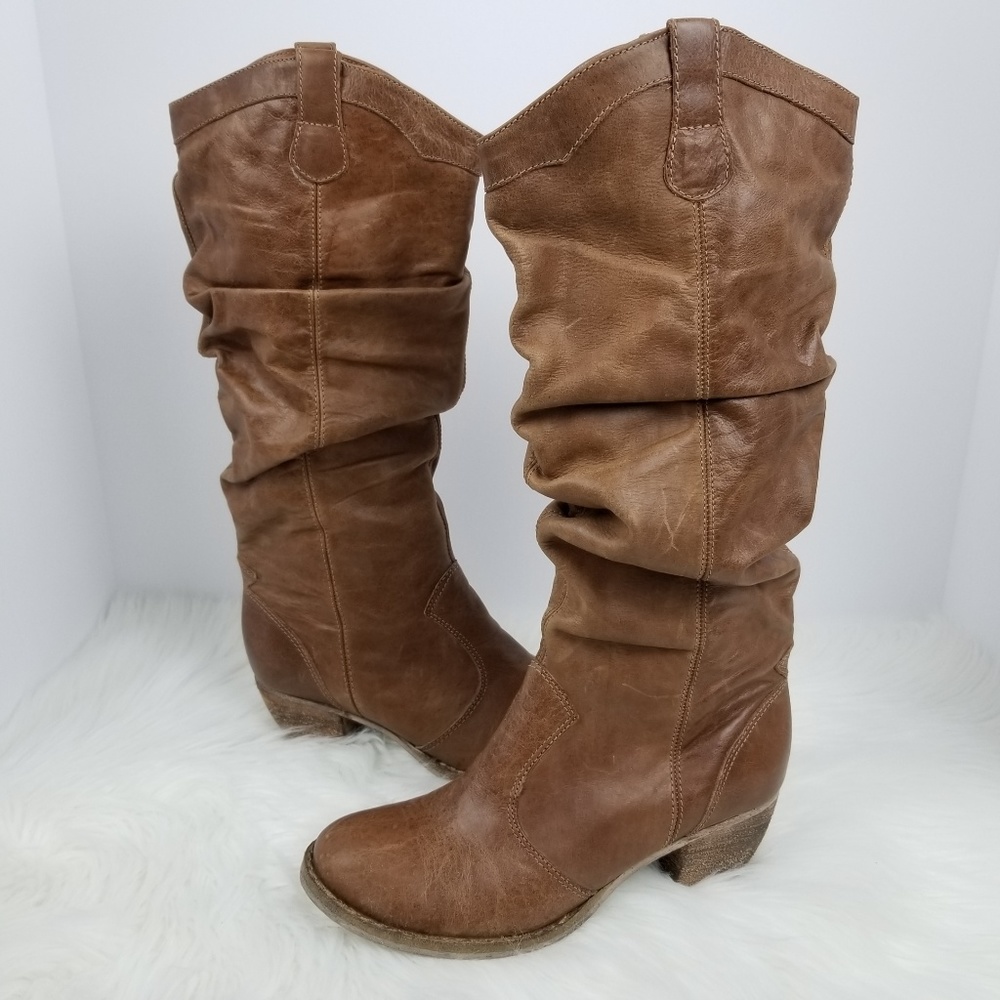X MIA RUCHED DESIGN LEATHER UPPER BROWN BOOTS
